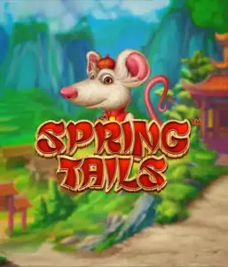 An enchanting illustration of a white rat wearing a red traditional Chinese outfit standing in a scenic landscape with mountains. The image promotes the Spring Tails game by Betsoft, highlighted with prominent red and gold logo text.