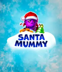  Discover the quirky "Santa Mummy" slot game by Belatra, highlighting a mummified Santa dressed in festive holiday attire. This vibrant image presents the mummy with a bright purple hue, wearing a Santa hat, against a backdrop of snowy blue with frosty snowflakes. The game's title, "Santa Mummy," is prominently displayed in large, icy blue letters.